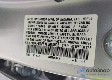 2014 Honda Civic Ex from USA, damaged, VIN 19XFB2F81EE080002